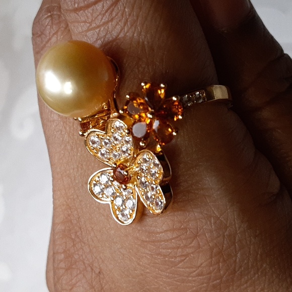 925  Golden South Sea Pearl, Madeira Citrine, White Zircons Ring. 10.5mm FIRM. - Picture 8 of 17